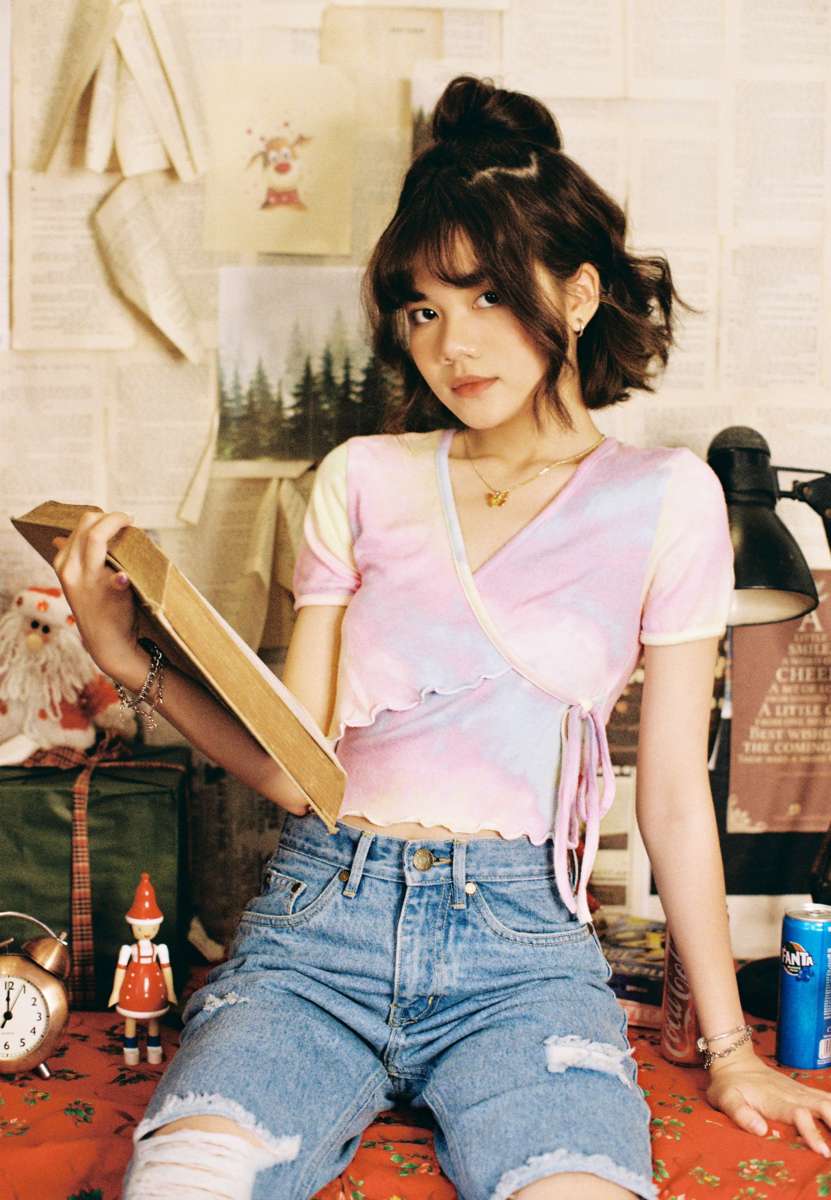 Usthebasic- Tie-dye Lettuce-edge Wrap Croptop