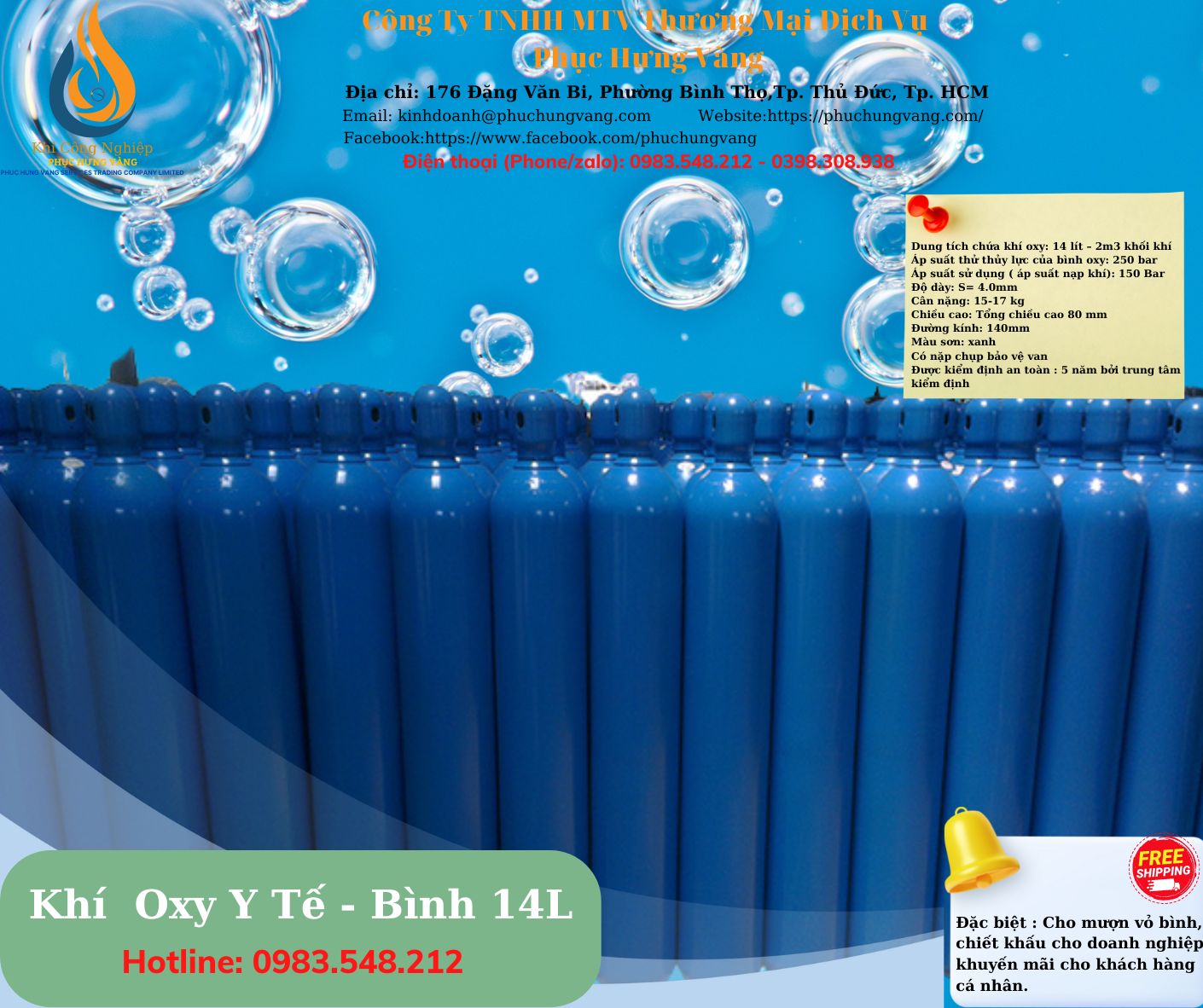 BÌNH KHÍ OXY Y TẾ 14 LÍT - BAO GỒM BÌNH VÀ KHÍ