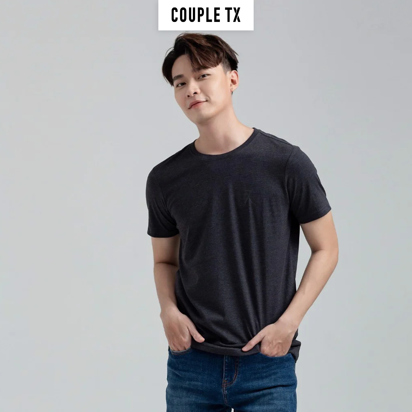 Áo Thun Nam  Couple TX-  Áo Thun Trơn, Cổ Tròn Basic In Logo X