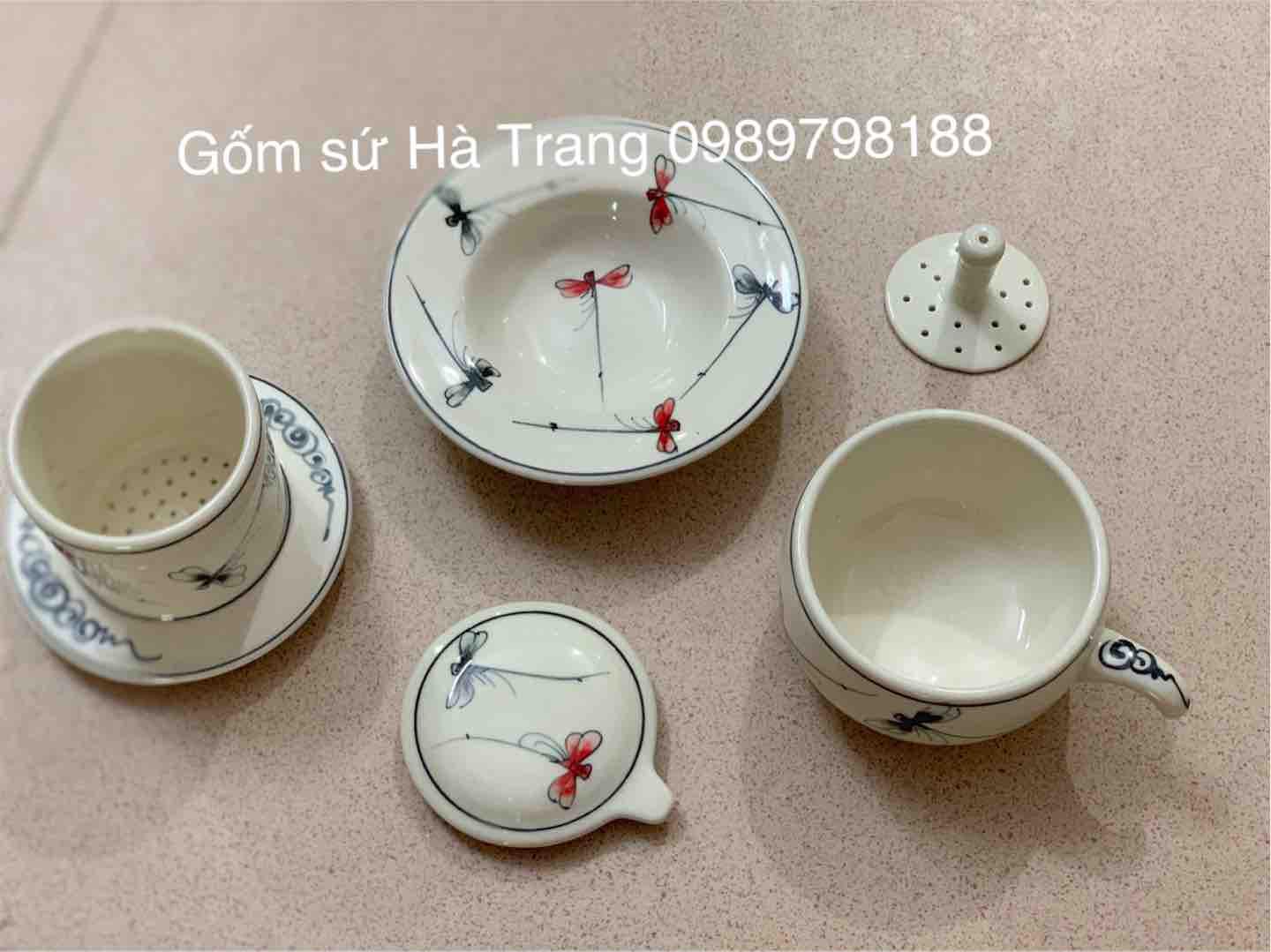 Phin pha cafe gốm sứ Bát Tràng vẽ chuồn kim màu