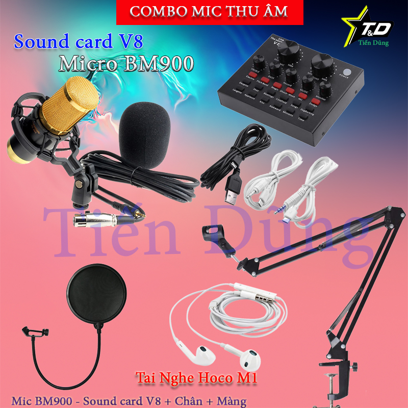 MIC THU ÂM BM900 ĐI SOUND CARD V8 BẢN TIẾNG ANH CÓ BLUETOOTH AUTO-TUNE VỚI CHÂN ĐẾ MÀNG LỌC KÈM TAI NGHE HOCO M1