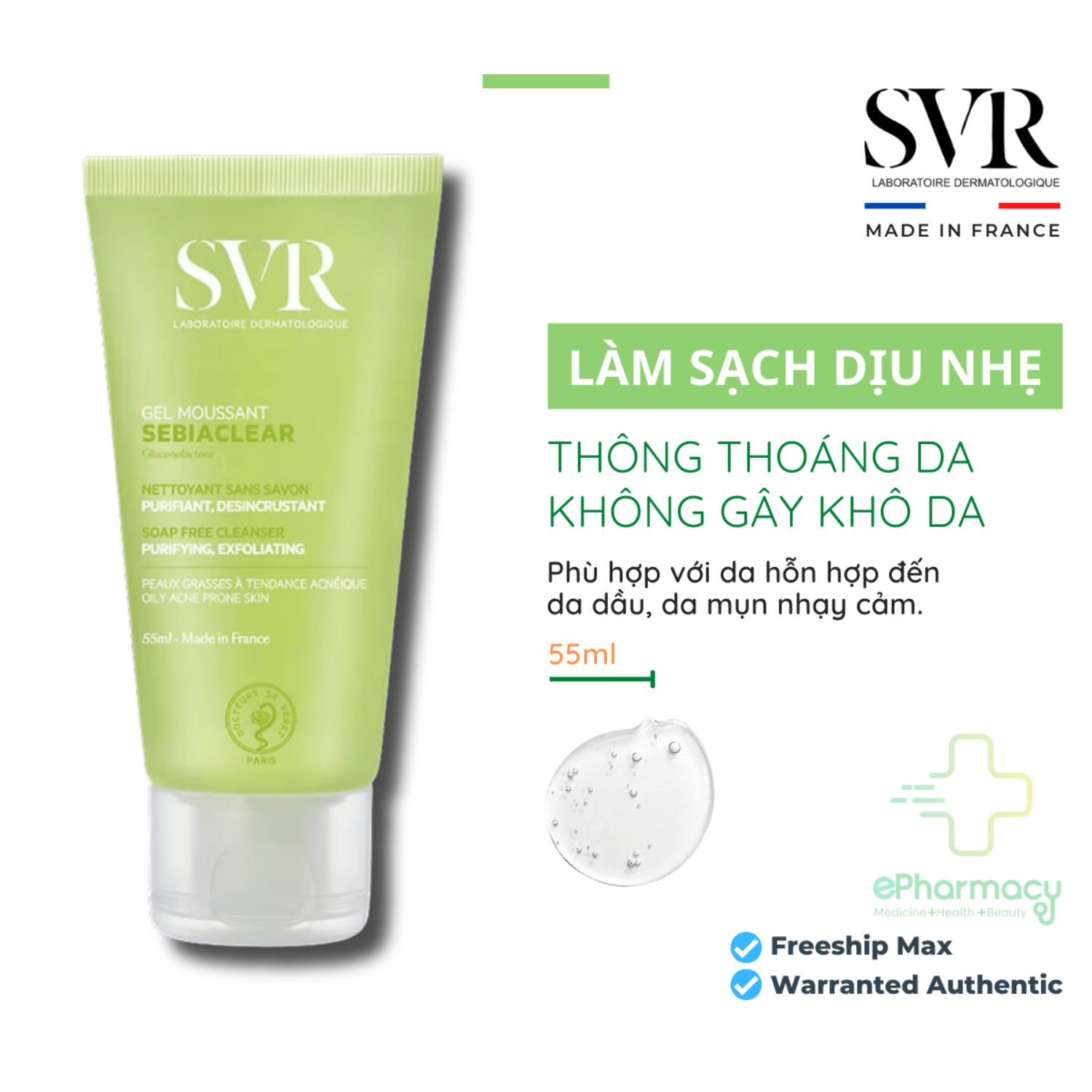Gel rửa mặt SVR Sebiaclear Gel Mousant không chứa xà phòng, làm sạch & loại bỏ tế bào da chết