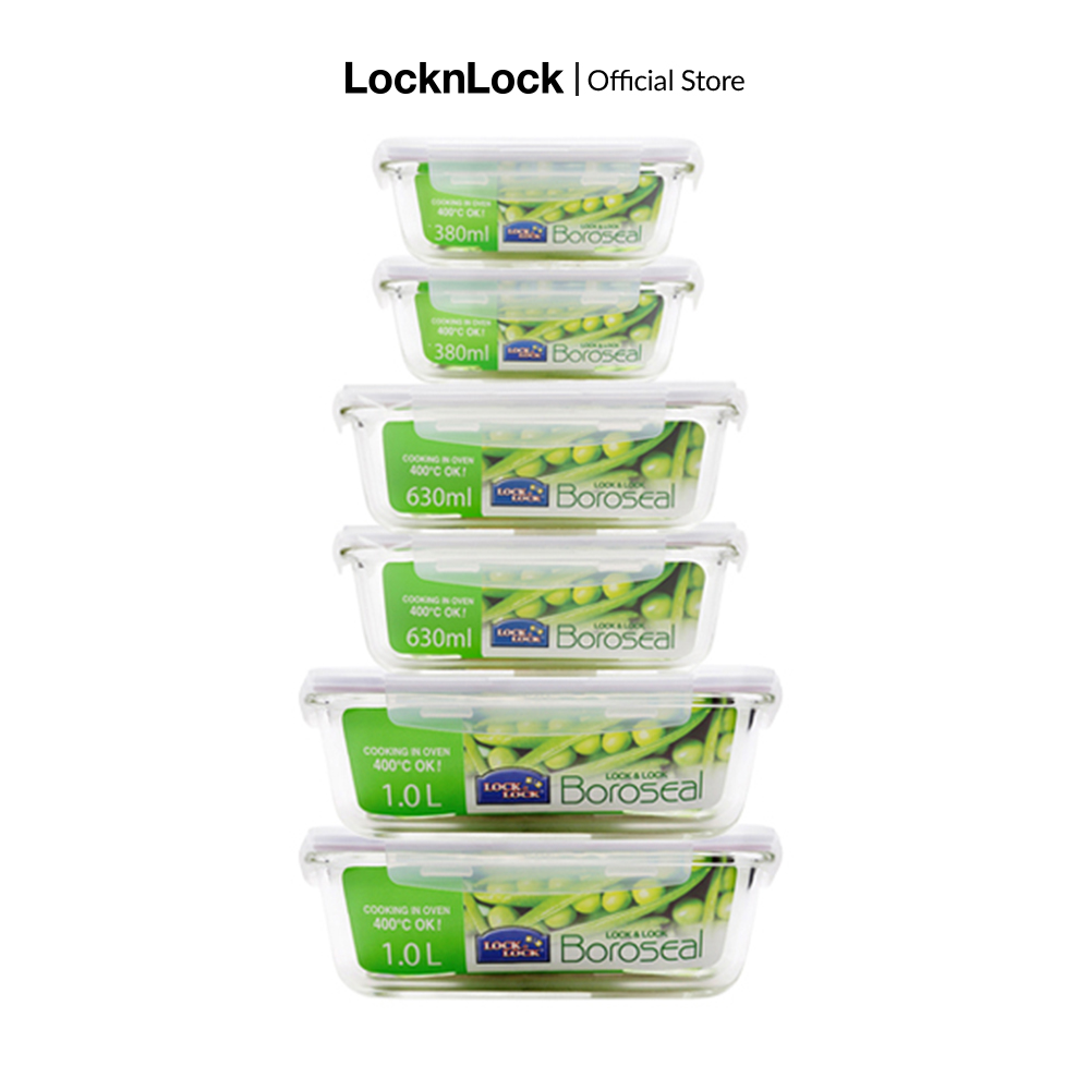 [Duy nhất 23.8 - Mua ngay] LLG428S6 - Bộ 6 hộp thủy tinh bảo quản thực phẩm Lock&Lock Glass Euro nắp 4 cạnh khóa kín chống tràn, thủy tinh chịu nhiệt dùng được lò vi sóng