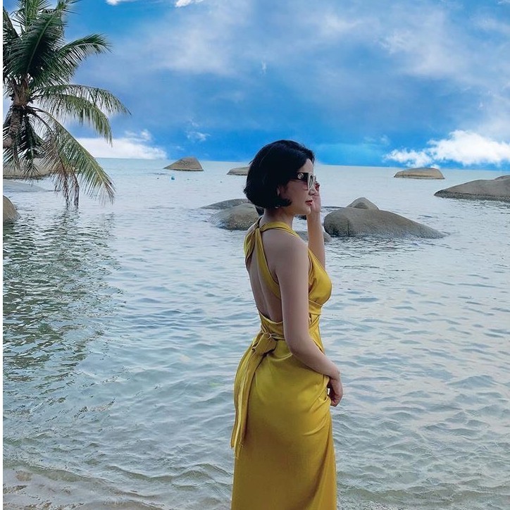 [Ảnh thật] Đầm maxi cột nơ chéo xẻ tà hở lưng mặc được 2 kiểu