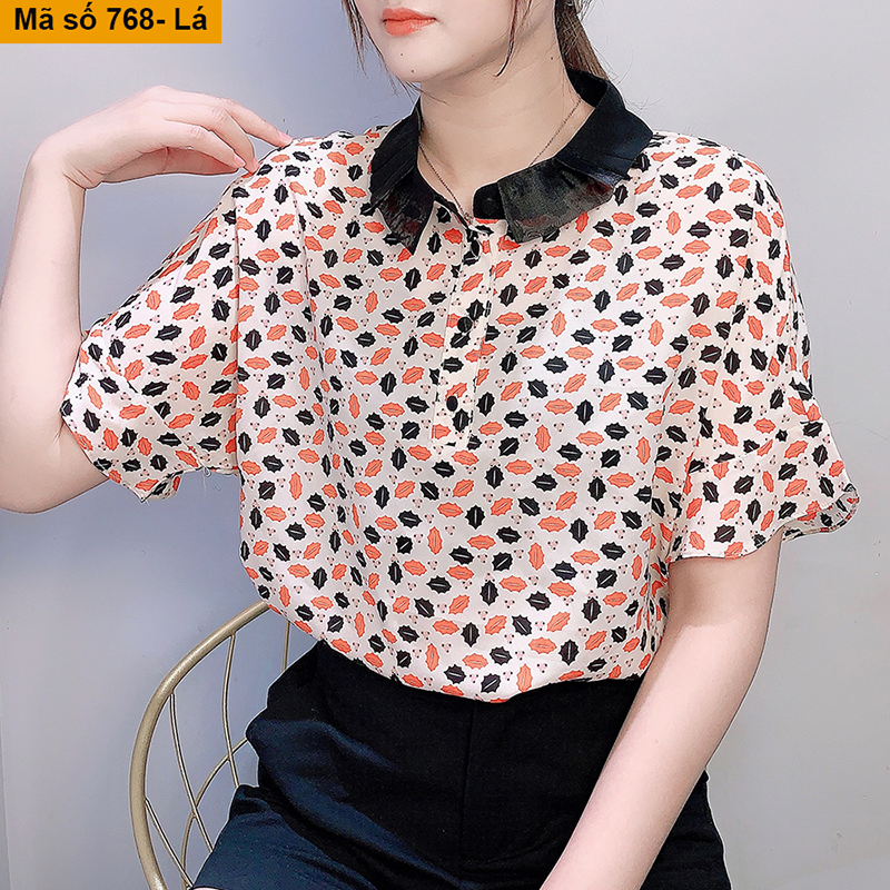 [HCM]B768- Áo họa tiết lá chery phối cổ