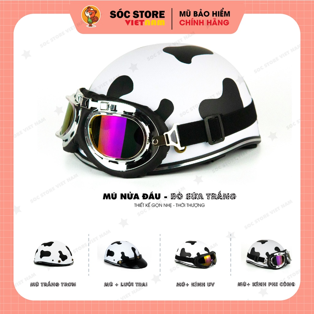 Mũ bảo hiểm nửa đầu 1 2 kính phi công sóc store, nón bảo hiểm 1 2 kèm kính uv freesize