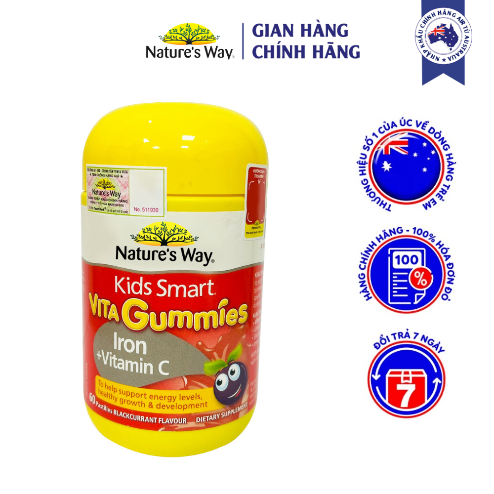 Viên Nhai Nature’s Way Kids Smart Vita Gummies Iron + Vitamin C bổ sung sắt hữu cơ và vitamin C cho trẻ nhỏ lọ 60 viên