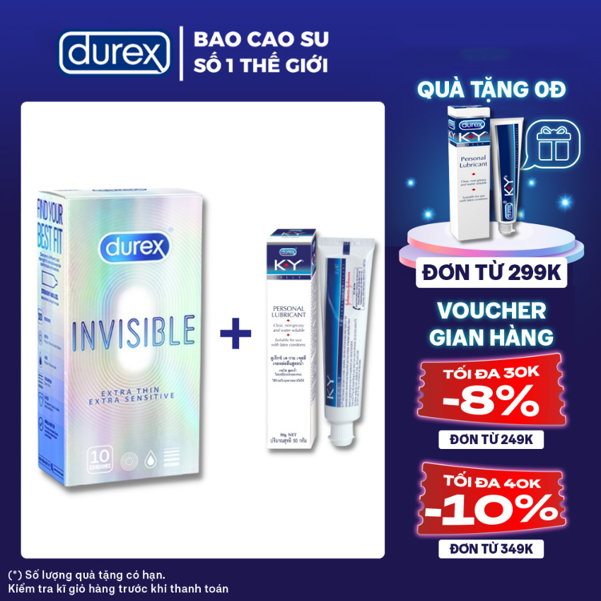 Bao cao su nam nữ Durex Invisible Extra Thin cực siêu mỏng 10C - tặng Gel bôi trơn Durex KY 50G [Che tên SP 100%]