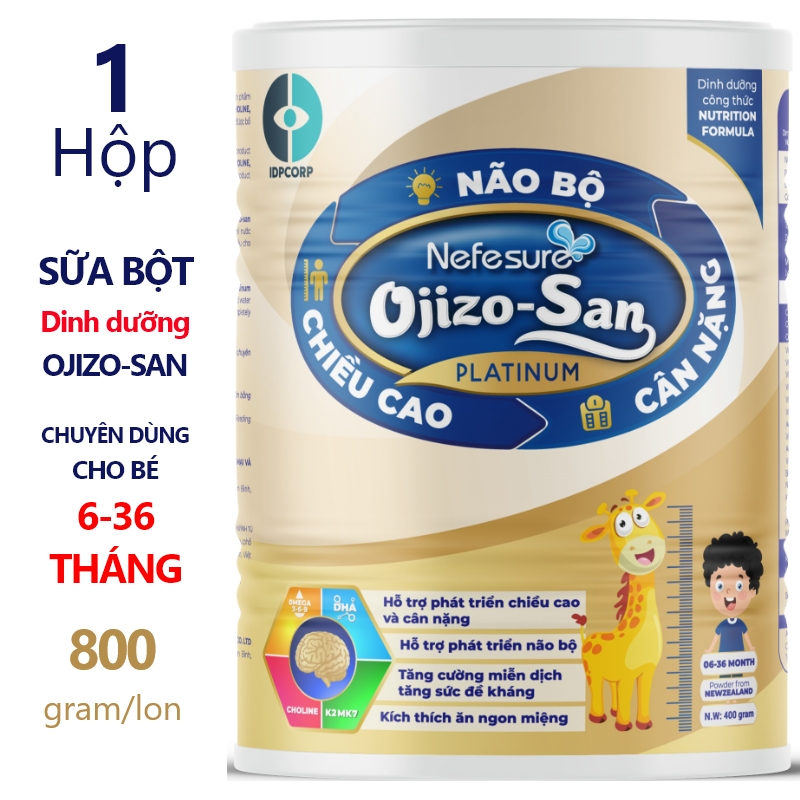 Sữa bột cho trẻ từ 6 đến 36 tháng Nefesure OJIZO – SAN PLATINUM lon 800gr giúp bé tăng cường hệ miễn dịch, phát triễn não bộ nhờ DHA, Choline, Omega 3 6 9