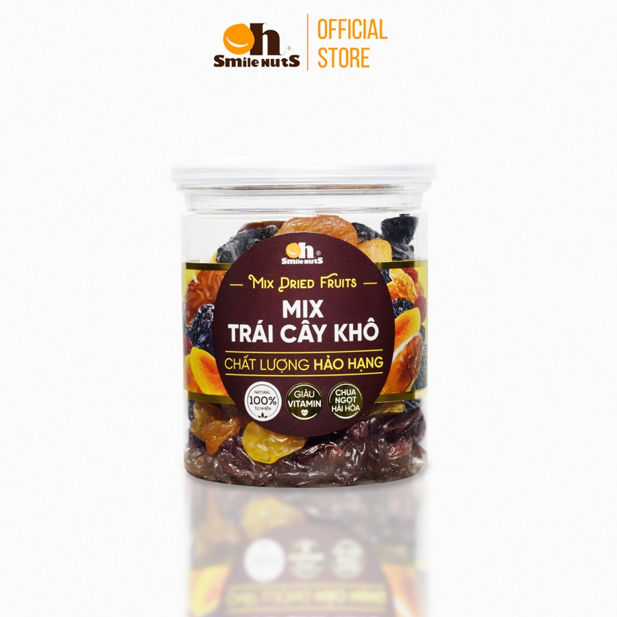 Mix trái cây khô nhập khẩu smilnuts hộp 275g _ gồm chà là tunisia, nho khô đỏ chile, mận khô chile, mơ vàng thổ nhĩ kỳ, nho khô vàng và nho đen chile _ chua - ngọt, mềm - dẻo, kết hợp đa dạng từ các loại trái cây khô trên thế giới