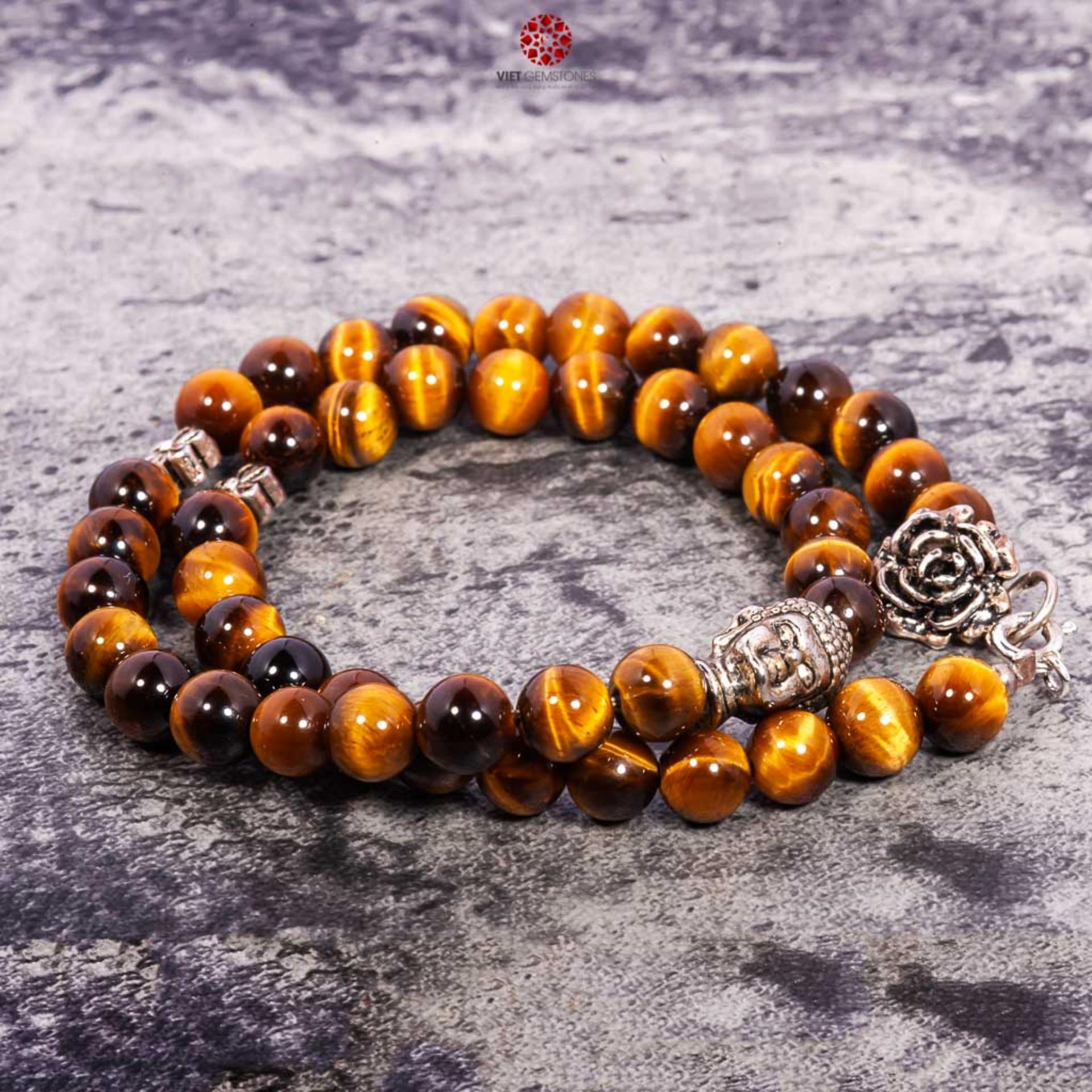 [HCM]Vòng tay mắt hổ vàng mix charm bạc (2 lines)