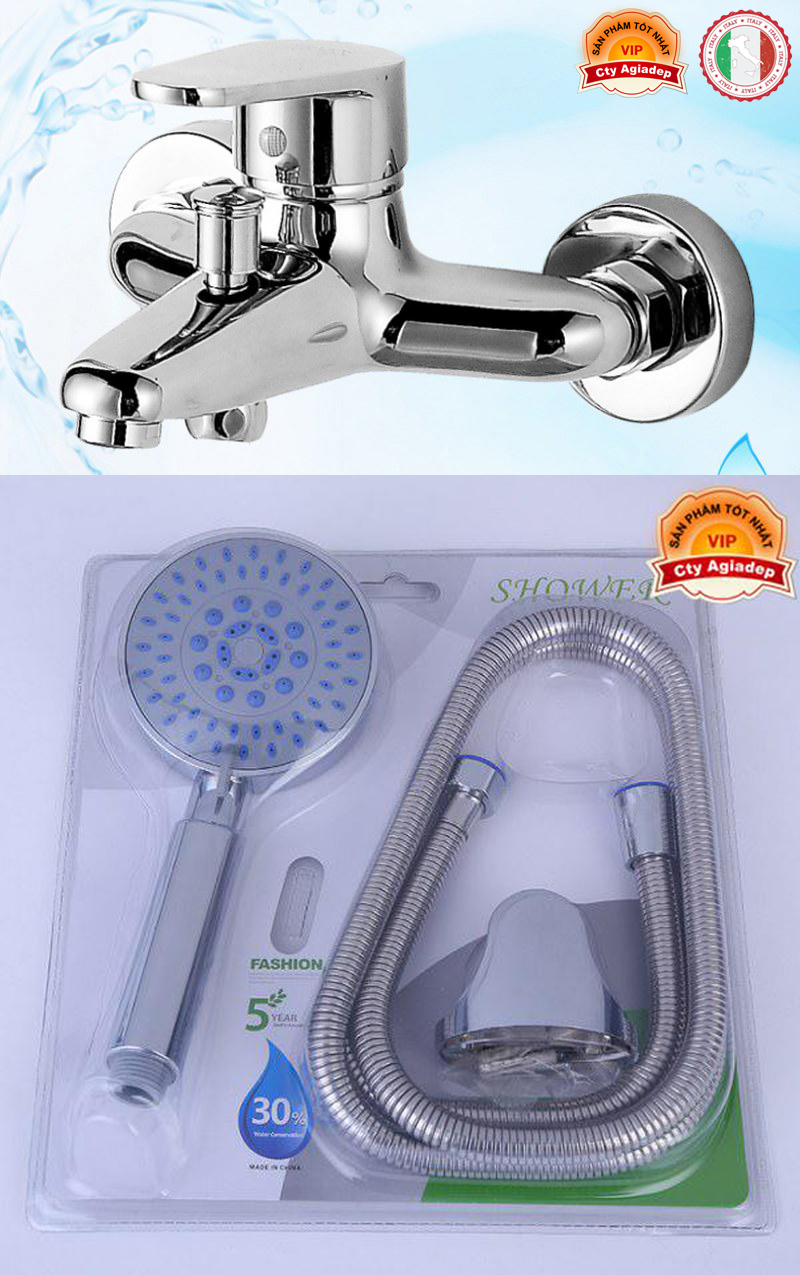 Trọn Bộ sen tắm nóng lạnh ITALIA: Củ sen tắm nóng lạnh (Cần thẳng béo) Hợp kim bóng đẹp + Vỉ Dây sen + Bát sen 3 chế độ phun + Giá đỡ