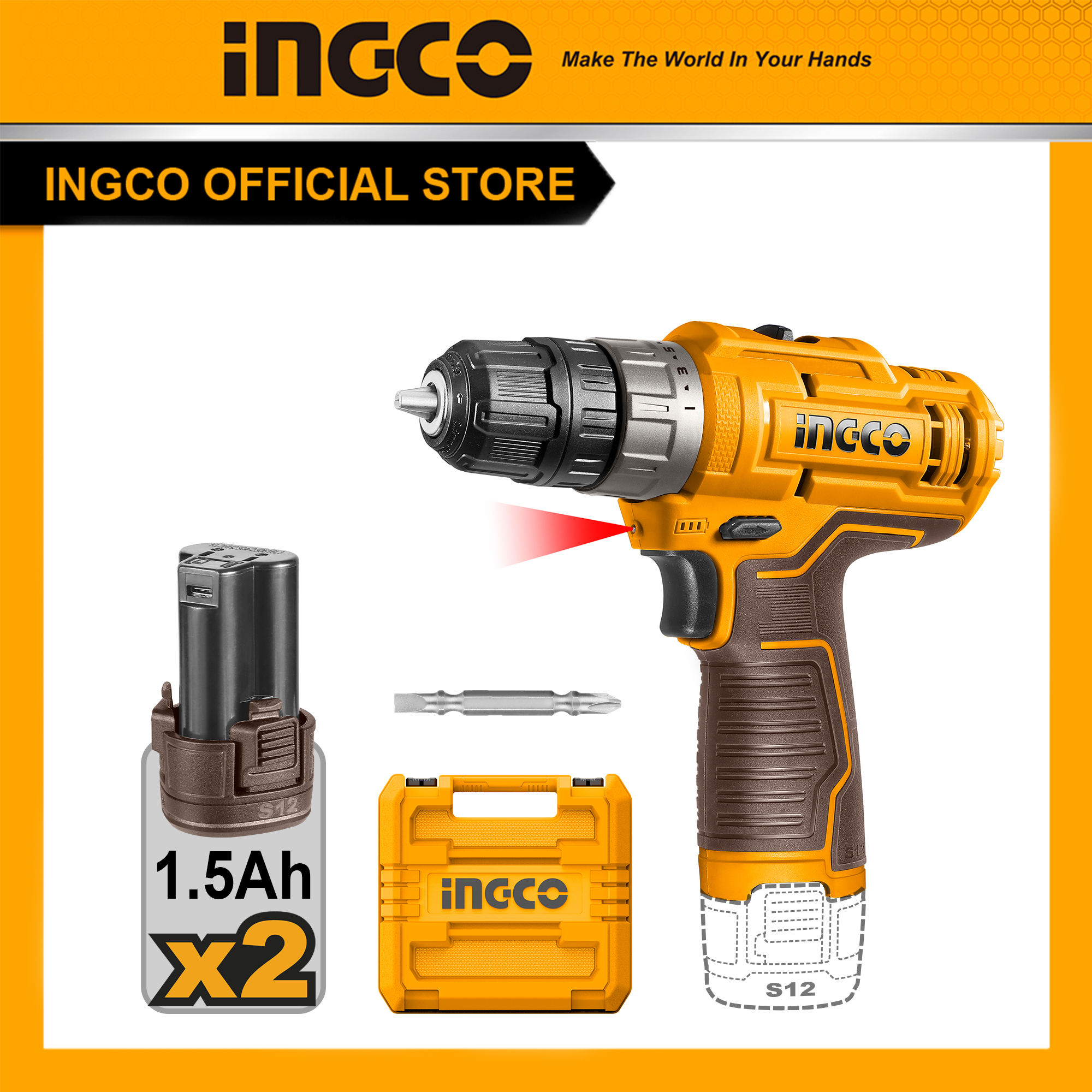 Máy khoan pin 12v ingco cdli12202 cổng sạc pin usb type-c dùng để khoan siết vít có hộp kèm bảo vệ máy và 2 pin màu vàng nâu