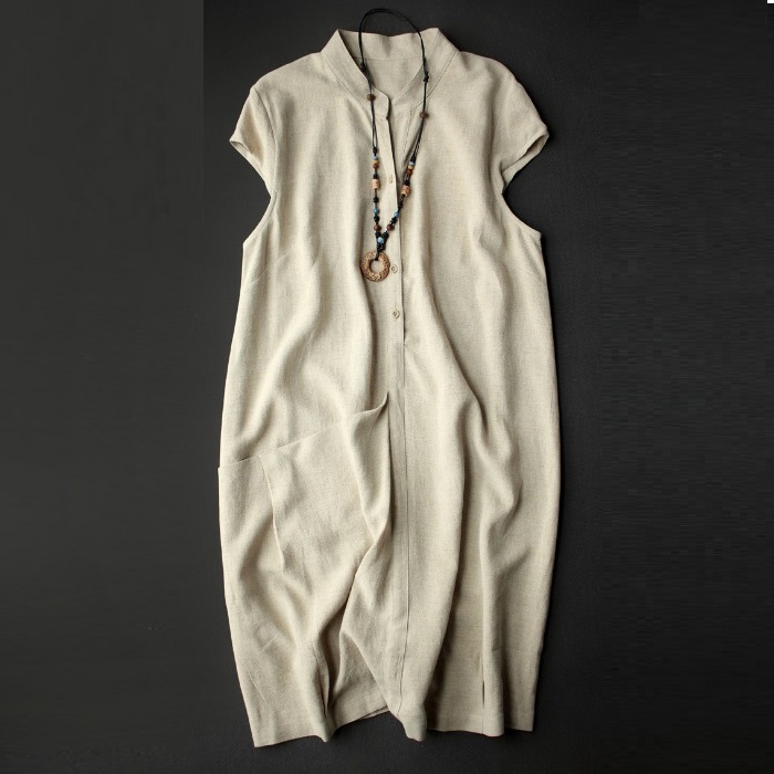Đầm suông linen cổ trụ phát V tay con túi chéo trước thời trang hè thu 2022