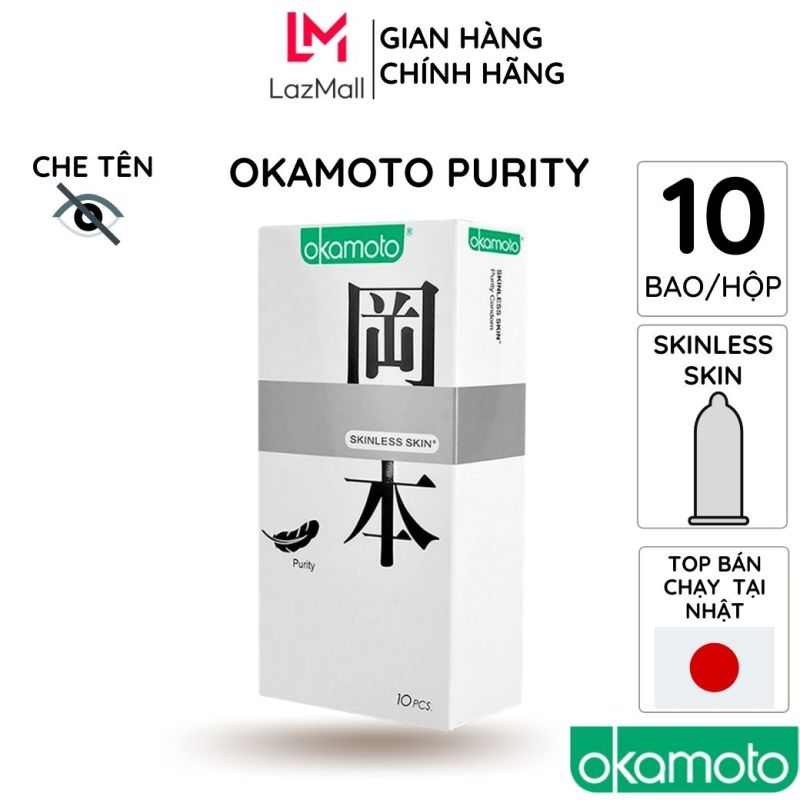 Bao cao su okamoto Skinless Skin Purity 10 bao/hộp trơn cao su nguyên chất siêu mỏng chống tuột kéo dài thời gian cao cấp