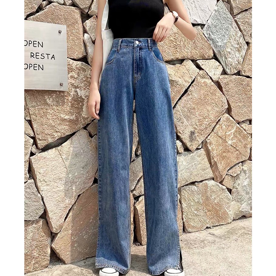 Quần Jeans Cạp Cao Ống Rộng Xẻ Gấu_J6