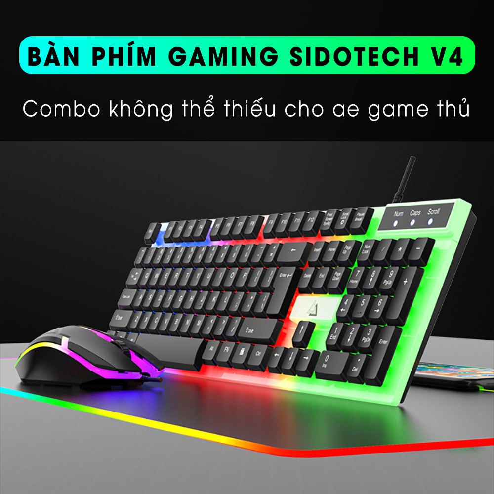 Bàn phím máy tính gaming có dây SIDOTECH V4 giả cơ đèn led rgb cầu vồng chống nước full 104 key combo chuột bàn phím chơi game làm việc gõ phím nhanh không delay giúp gõ văn bản chơi game esport - Hàng chính hãng