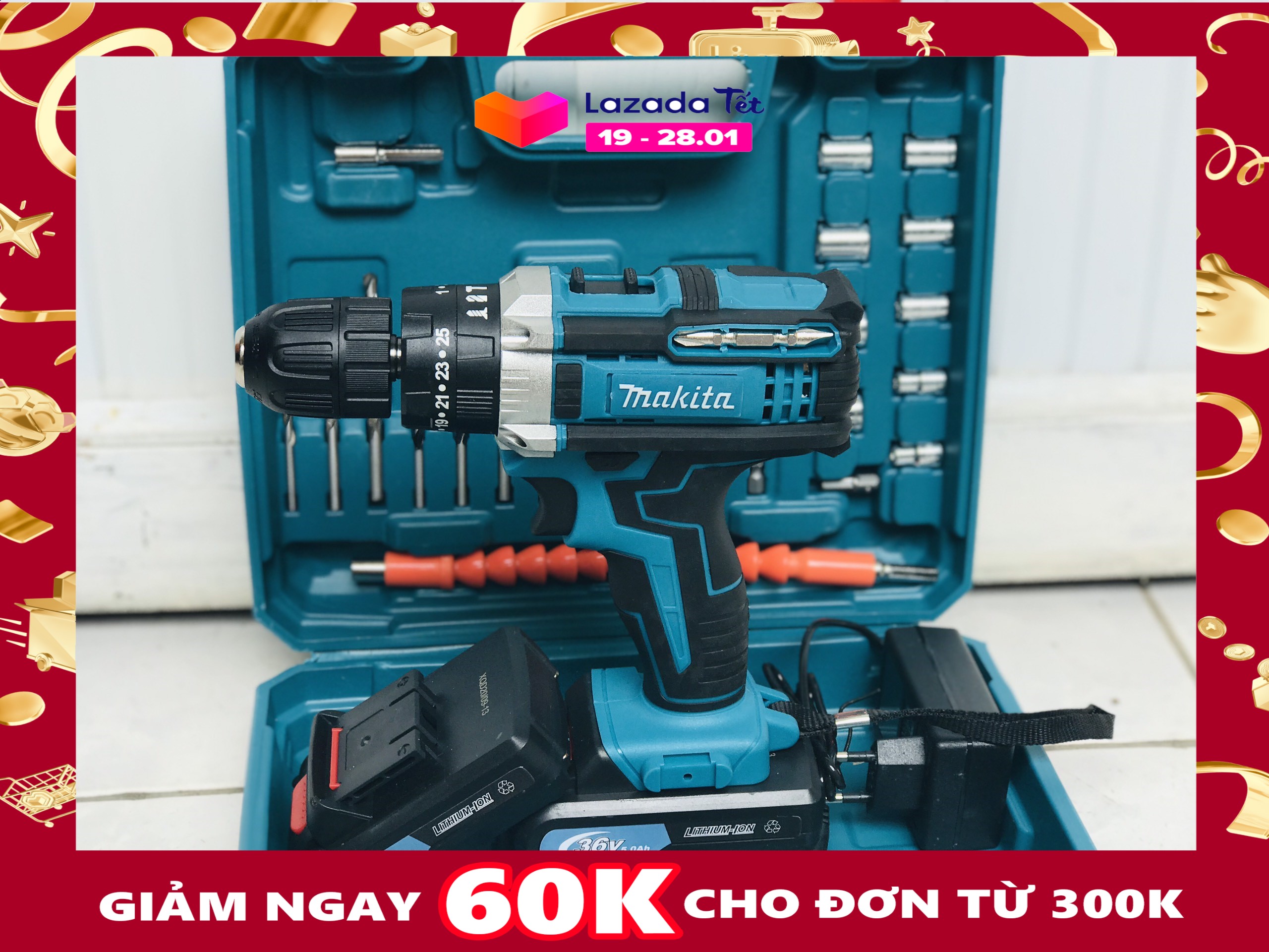 Máy khoan pin có BÚA makita 36v. (kèm 2pin và nhiều phụ kiện)