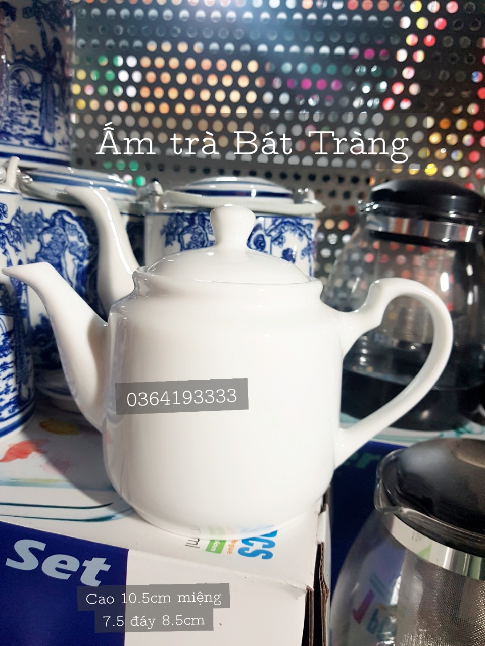 Ấm pha trà sứ trắng Bát Tràng dáng trụ 500ml