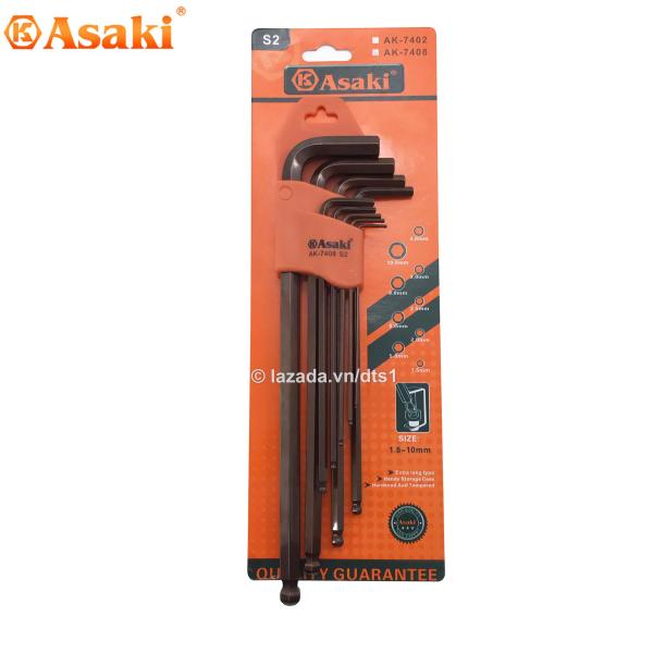 Bộ lục giác bi 9 chi tiết Asaki AK-7408 1.5-10mm - Bộ lục giác 9 cây Asaki AK-7408 Steel S2 (Bản cao cấp)