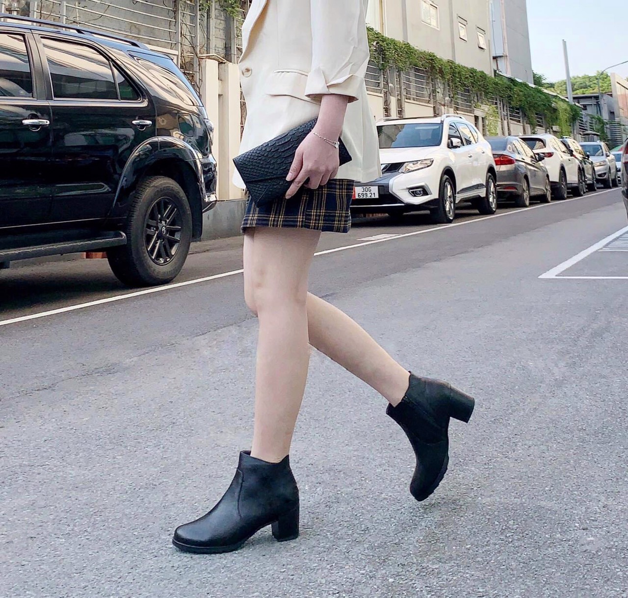 Giầy bốt nữ da thật gót trụ cao 5cm hàng vnxk