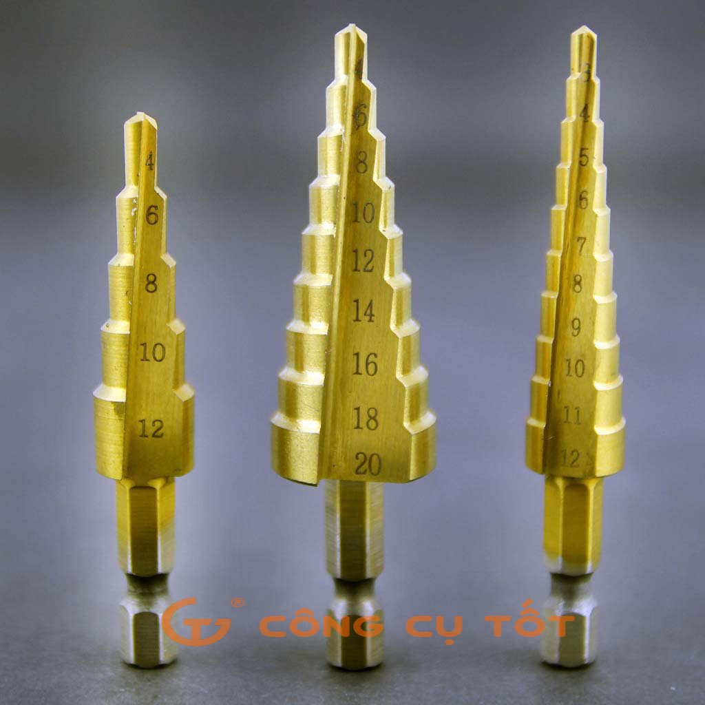 Bộ 3 mũi khoan bước tháp titanium 3-20mm chuôi lục