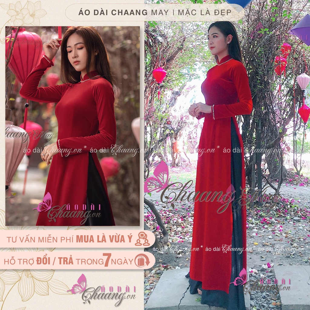 Áo dài nhung đỏ sang trọng_Chaang_Thiết kế áo truyền thống đính viền đá ngọc, vải co giãn đẹp