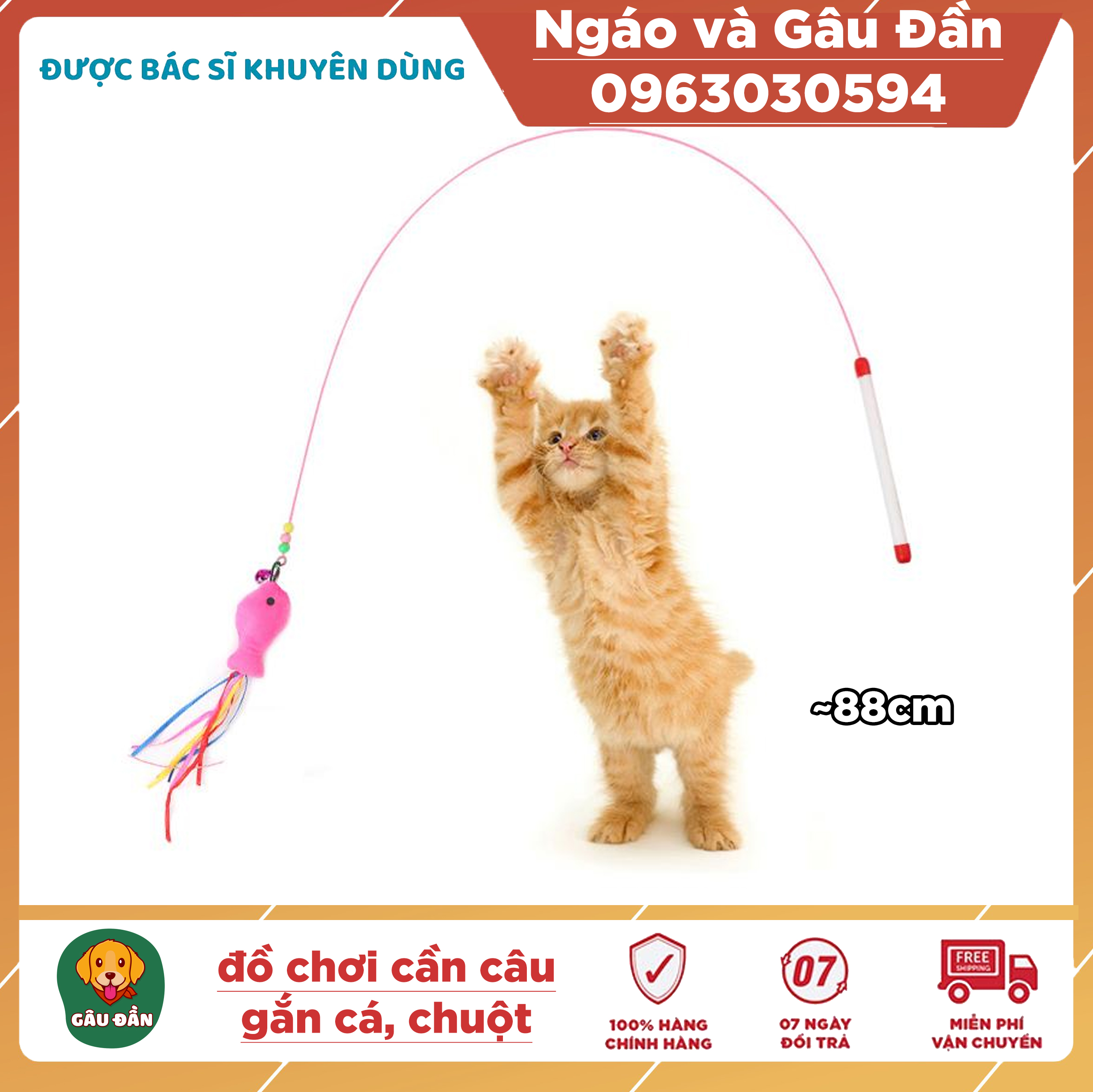 Đồ chơi cho chó mèo - Đồ chơi cần câu mèo dây thép không gỉ gắn lông vũ Ngáo Và Gâu Đần