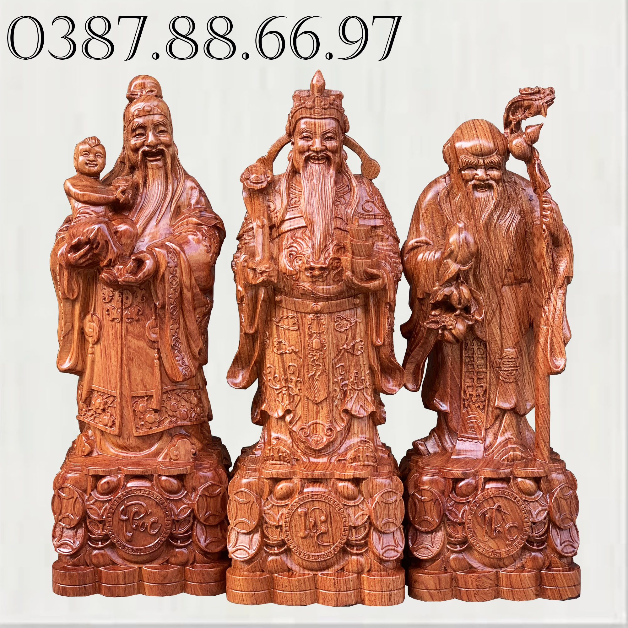Bộ tượng tam đa phúc lộc thọ mẫu lưng gù chất liệu gỗ hương nguyên khối