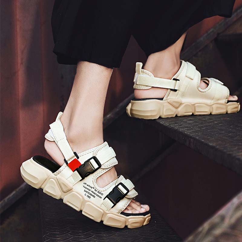 Dép nam đi biển 2 quai Velcro, dép co giãn có thể điều chỉnh, dép đế dày phẳng, dép thời trang mùa hè