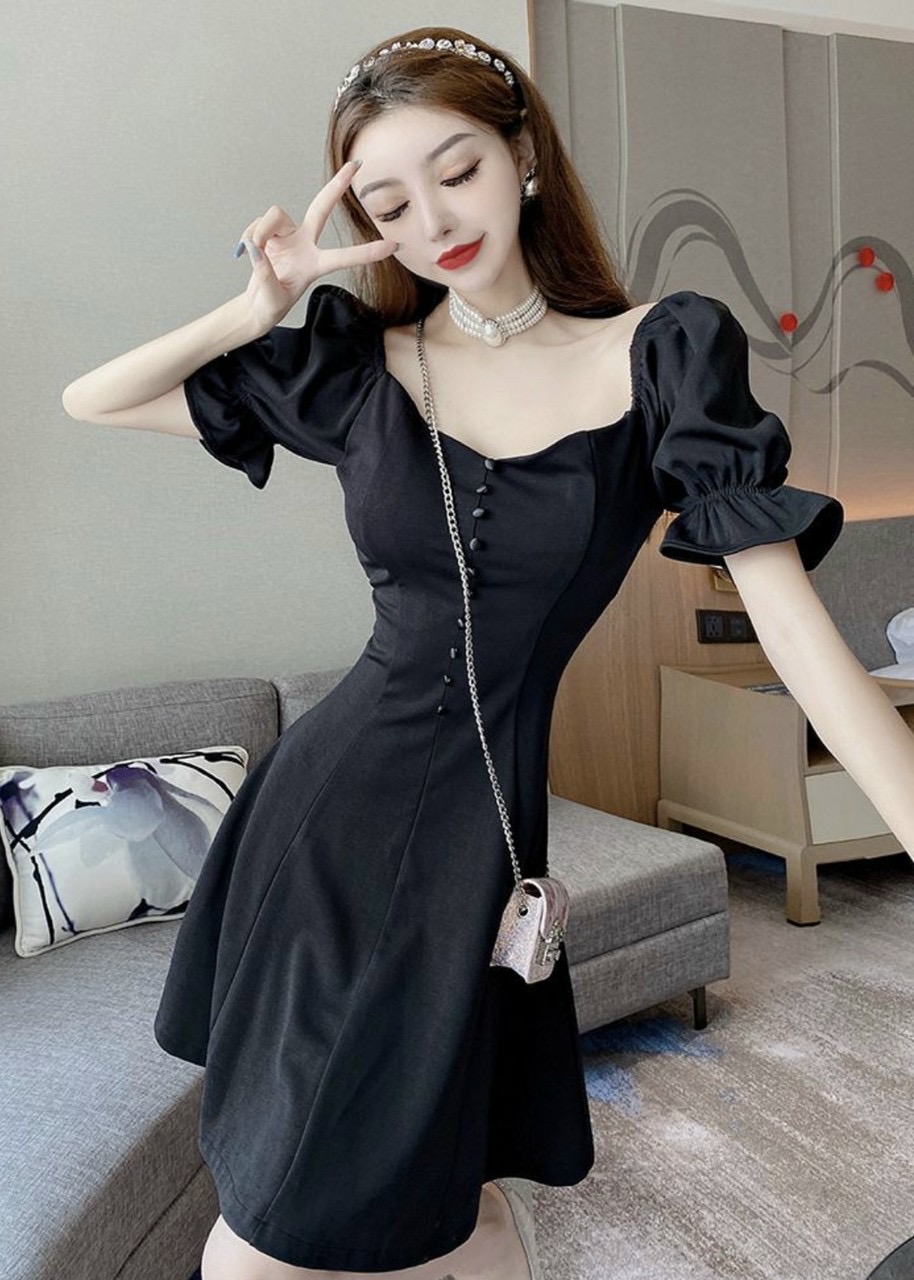 Đầm Xòe Nút Bọc Cổ V 2 Màu - DX0054