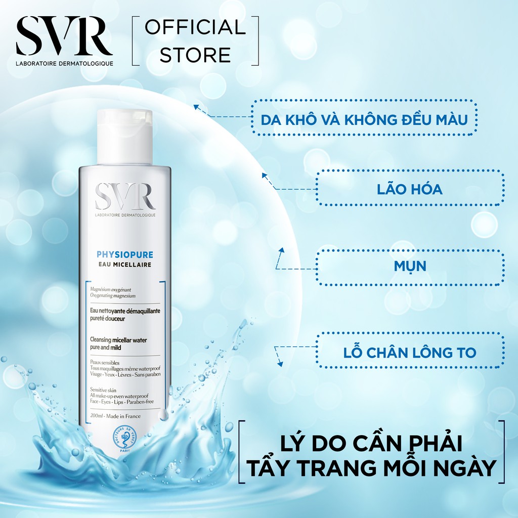 Nước tẩy trang dịu nhẹ dành cho mặt, mắt và môi SVR Physiopure Eau Micellaire 75ml - 200ml - 400ml