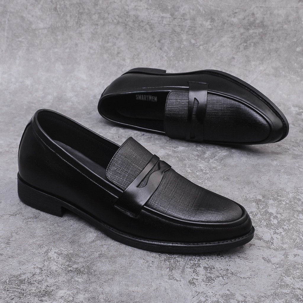 Giày lười công sở tăng chiều cao da bò SmartMen GL-04 đen