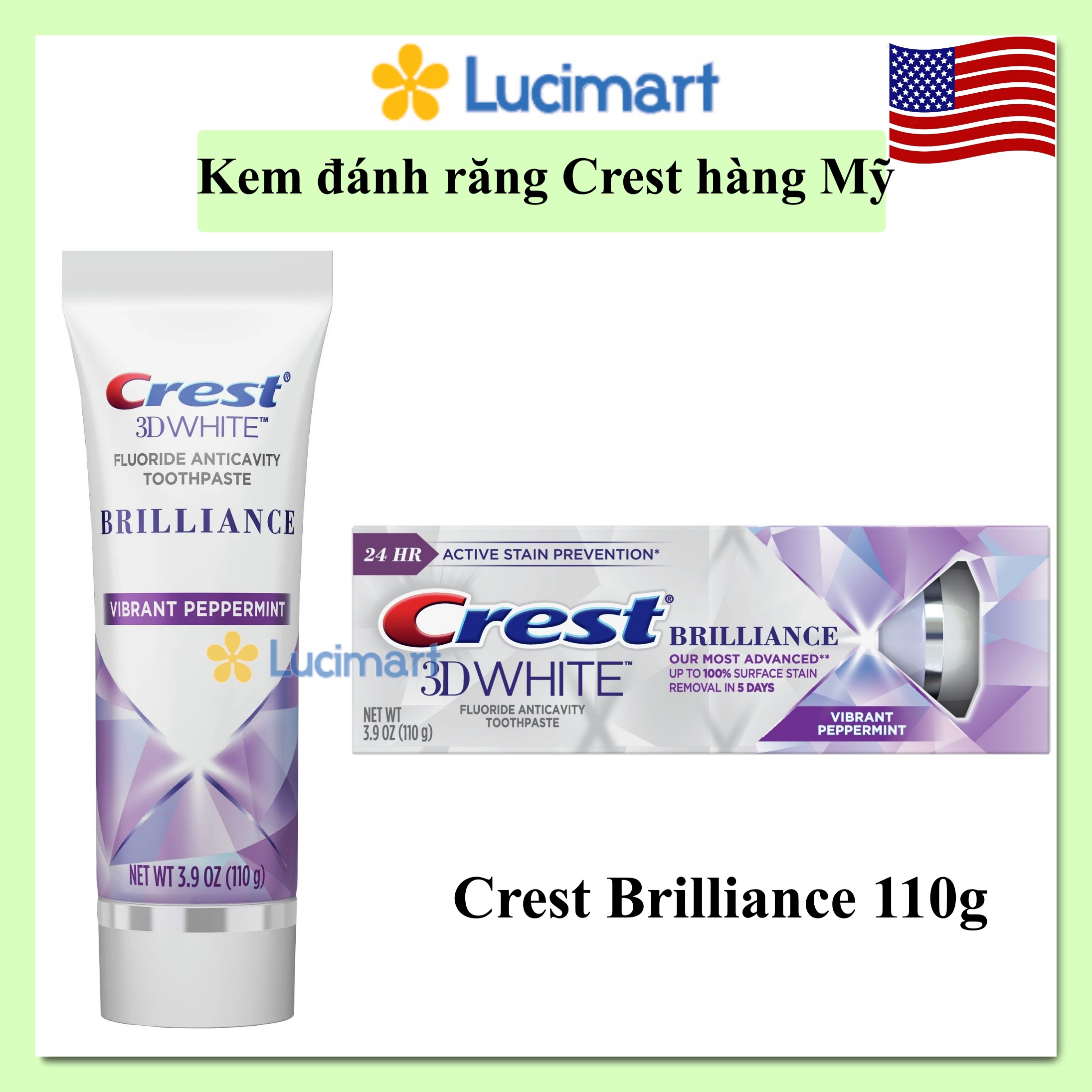 Kem đánh răng Crest 3D White Brilliance Vibrant Peppermint [Hàng Mỹ]