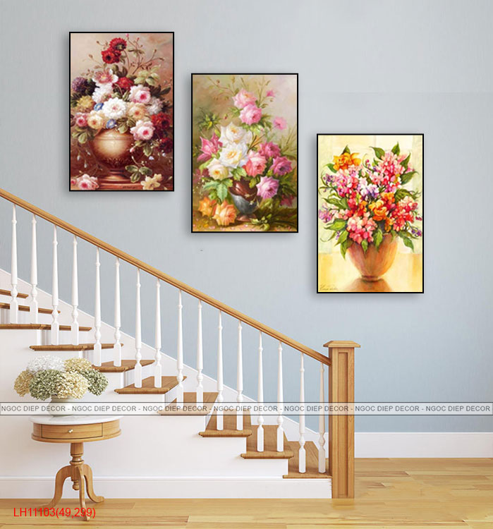 Tranh treo tường Cầu Thang lọ hoa 3D đẹp, tranh trang trí in sắc nét rực rỡ