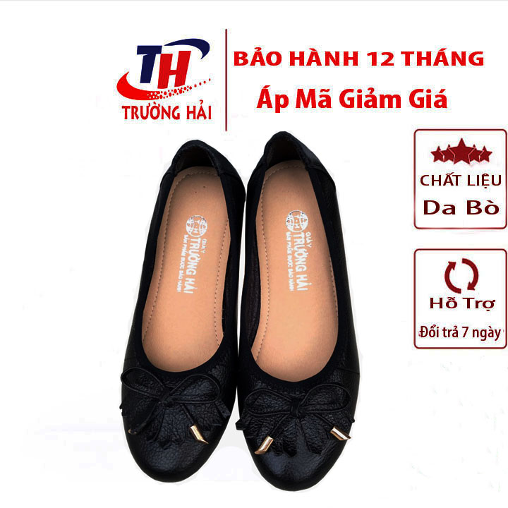 Giày búp bê đính nơ đen da bò cao cấp Trường Hải TH071