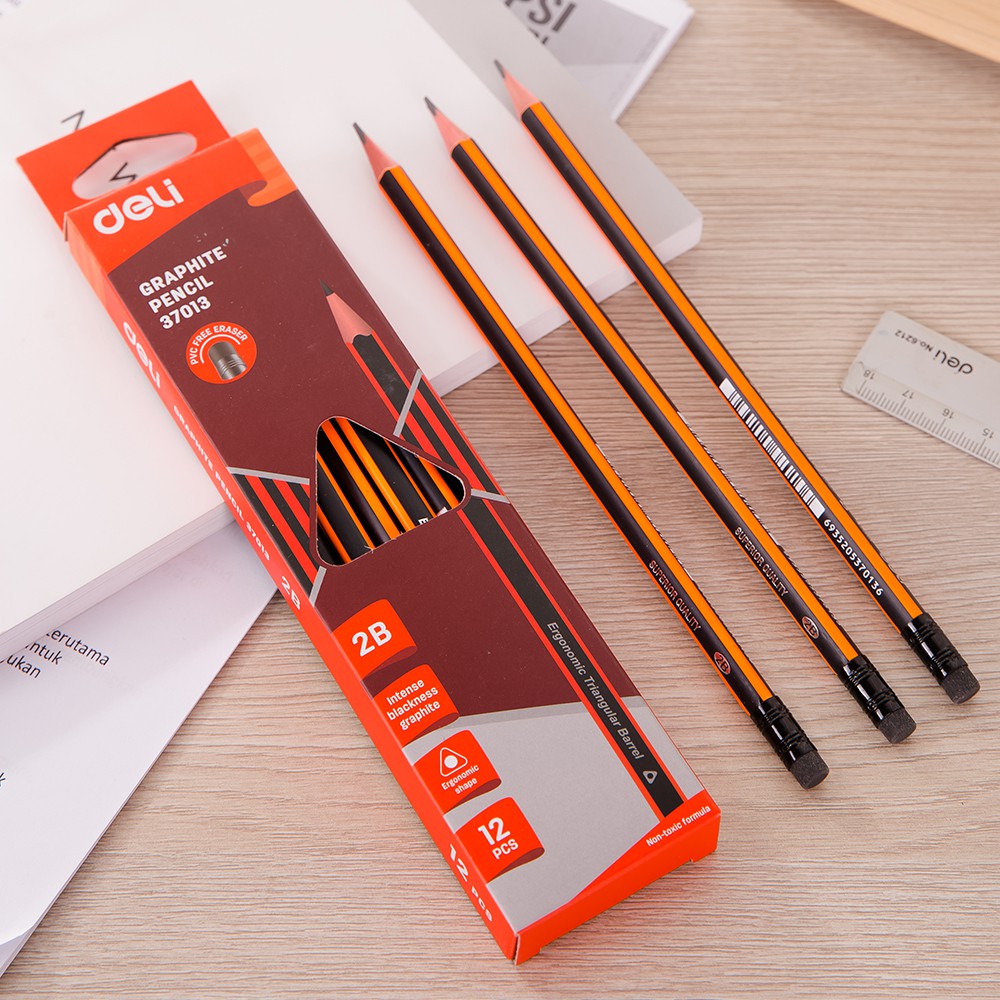 12 cây bút chì 2b kèm tẩy sọc neon nhiều màu - deli e37013 / e37014 / e37015 / e37016/ e37000/ e58103/ w10902