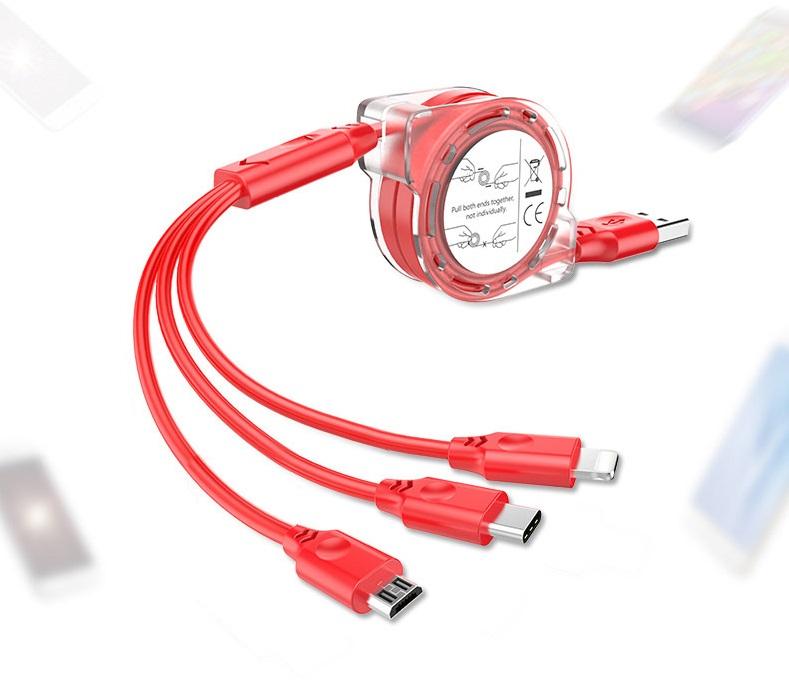 Cáp sạc dây kéo cuộn tròn 3 đầu