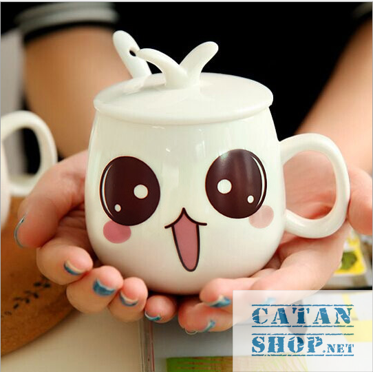 01 Cup ceramic cup with lid (attached spoon) the expressive super cute (delivery random pattern) HK062