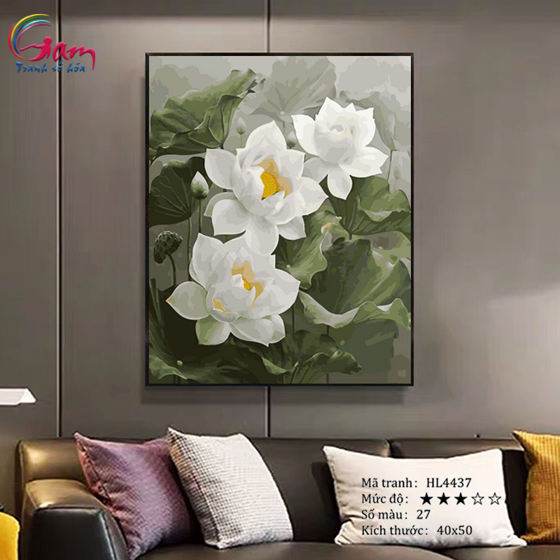 Tranh tô màu theo số Gam hoa sen trắng HL4437 đã căng khung 40x50cm