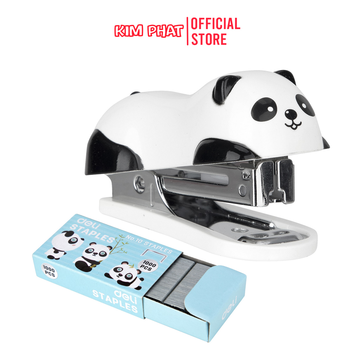 Dập ghim nhỏ, bấm kim số 10 hình gấu trúc dễ thương kèm 1 hộp Chân ghim Deli E0453