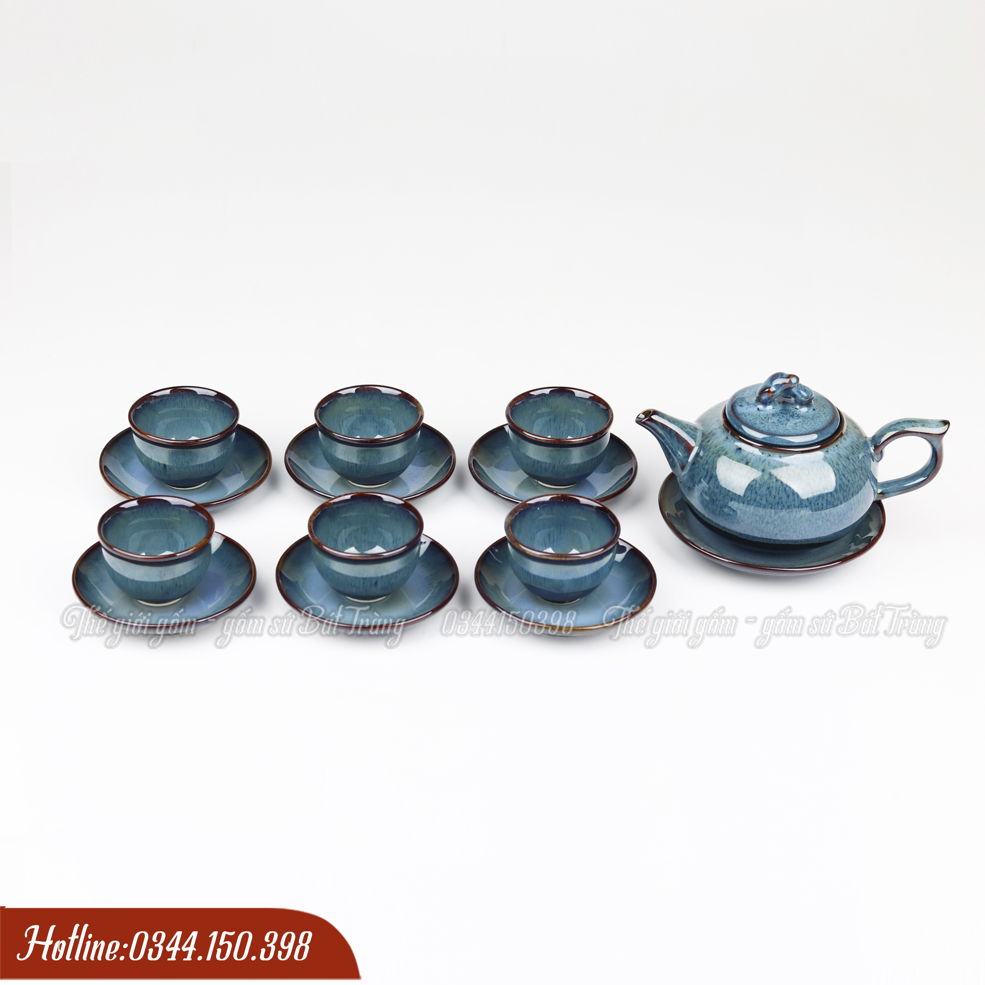Bộ ấm chén men hỏa biến Bát Tràng màu xanh đá xám