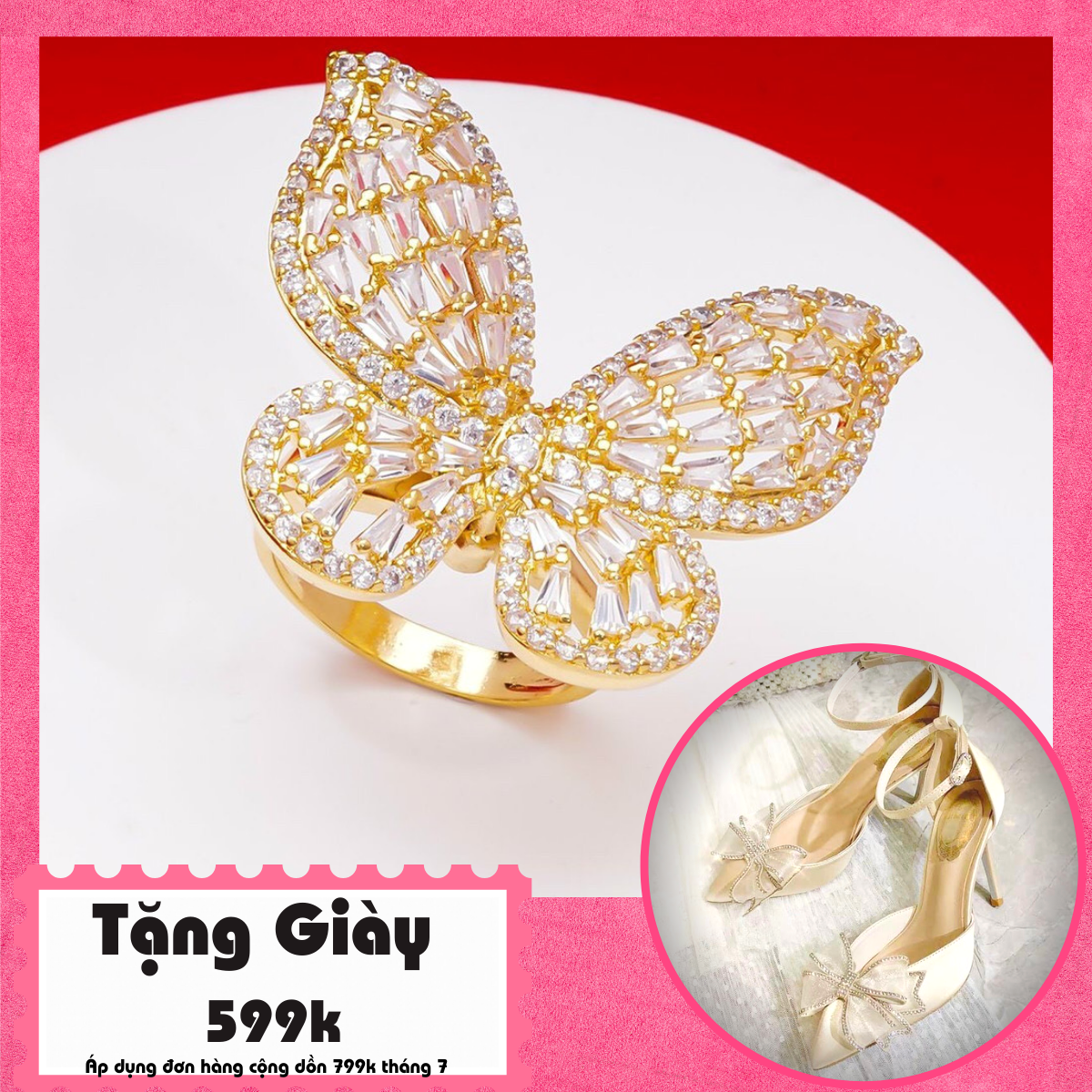Nhẫn nữ mạ vàng thật, nhẫn vàng non 24k, nhẫn đẹp vàng 18k bướm đính đá pha lê Trang sức nữ Gado N084 - thiết kế sang trọng, là sản phẩm đang được săn đón nhất năm, bảo hành 1 đổi 1