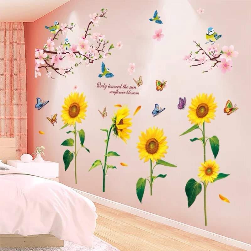 Decal dán tường hoa hướng dương và cành đào