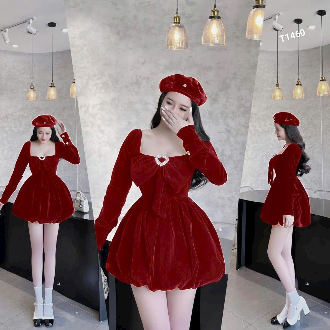 Đầm nhung bí 2 lớp tay dài có phụ kiện màu y hình nhung cao cấp T1460