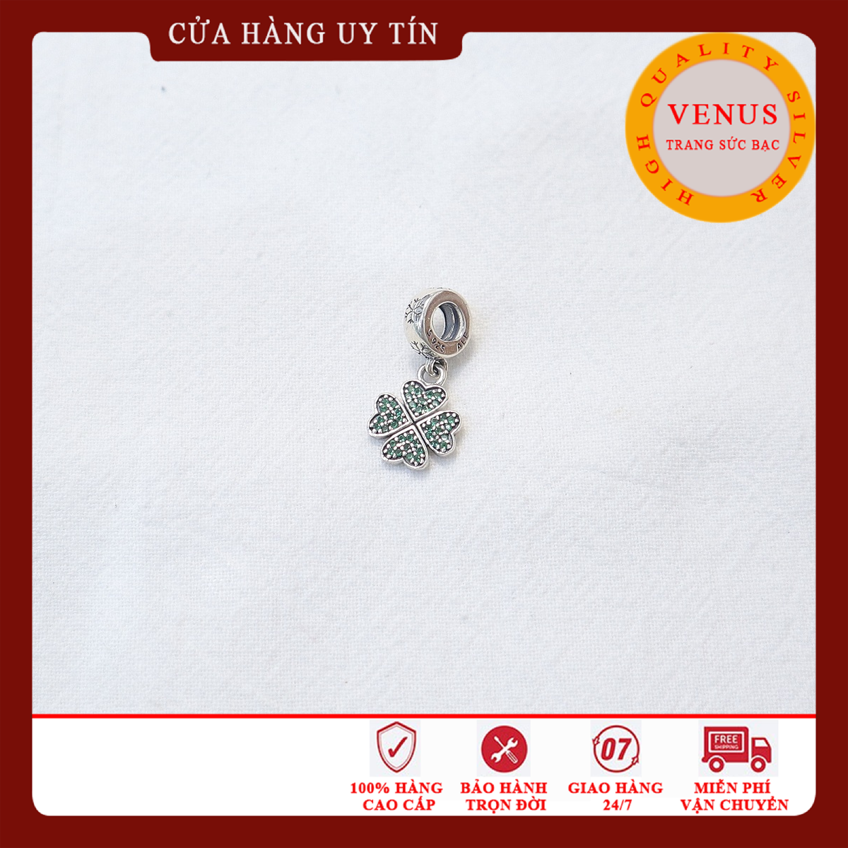 Chạm bạc cao cấp-Treo cỏ 4 lá xanh lá