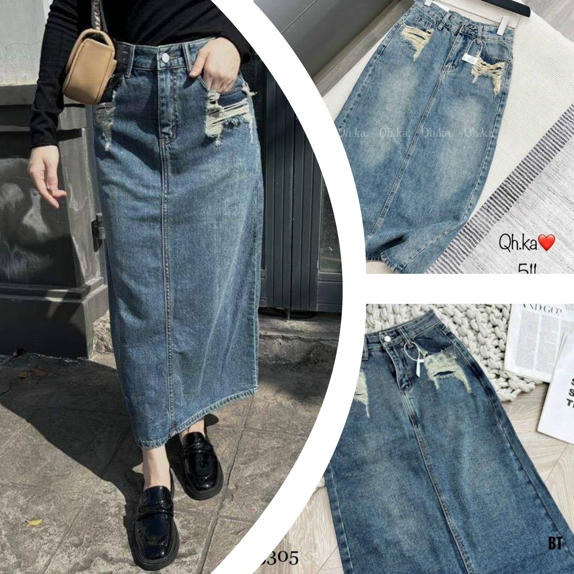 Chân váy jean dáng dài rách túi cho nữ LS_CVN113