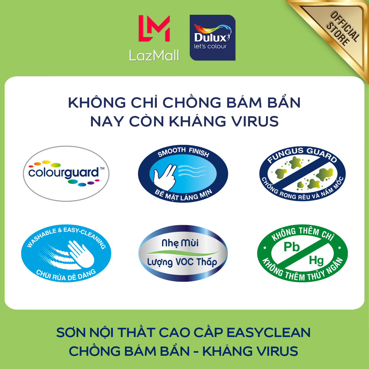 Sơn nội thất - Cao cấp - Dulux EasyClean Kháng Khuẩn - Bề mặt mờ - 1L