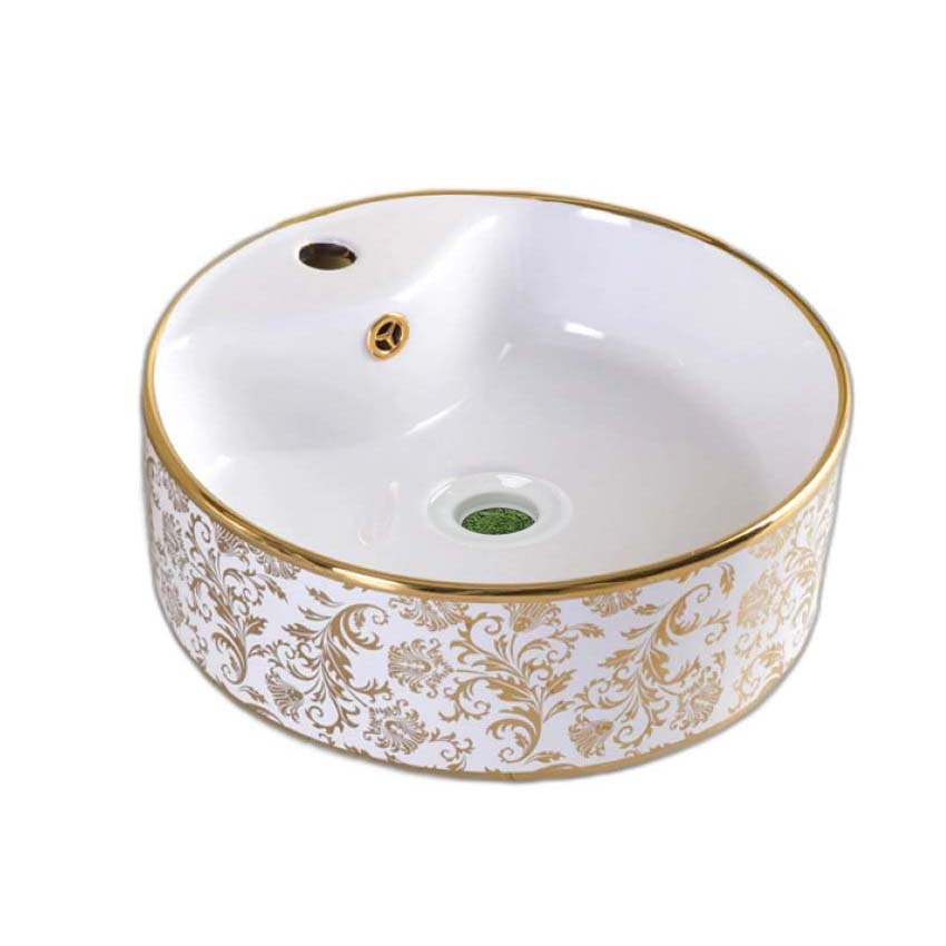Chậu lavabo mạ vàng với thiết kế màu trắng hoa vàng sang trọng, mã M100L