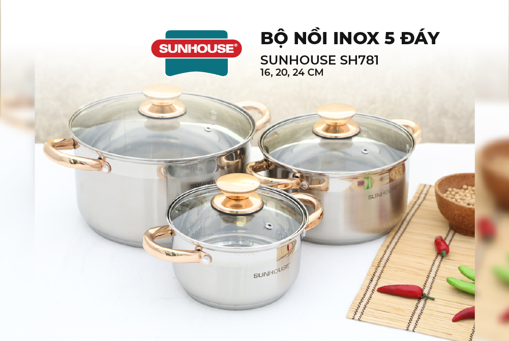 Bộ nồi inox 5 đáy SUNHOUSE SH781 - 16, 20, 24 cm tỏa nhiệt đều - Chất liệu inox an toàn - Phù hợp với mọi loại bếp - Hàng chính hãng